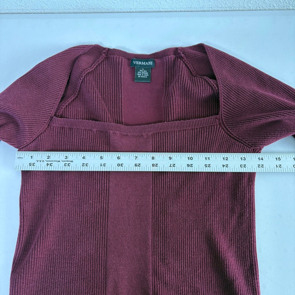 Vermani Silk Blend Sweater Womens L Burgundy Square Neck Ribbed Long Sleeve - Picture 7 of 8